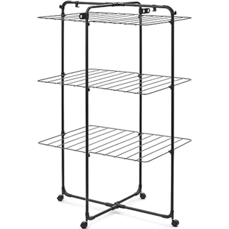 Brabantia HangOn Tower Drying Rack, 23 m (Mattschwarz), klappbar mit Rollen und Aufhängehaken, platzsparender Standtrockner – Bild 1
