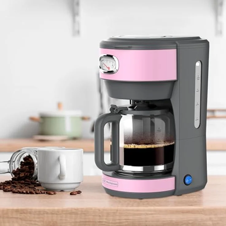 Westinghouse Kaffeemaschine Retro-Design, Filterkaffeemaschine für bis zu 10 Tassen, Permanentfilter, Glaskanne, Tropfschutzsystem, Warmhaltefunktion, Brühvorgang-Anzeige, Abschaltautomatik, pink – Bild 5