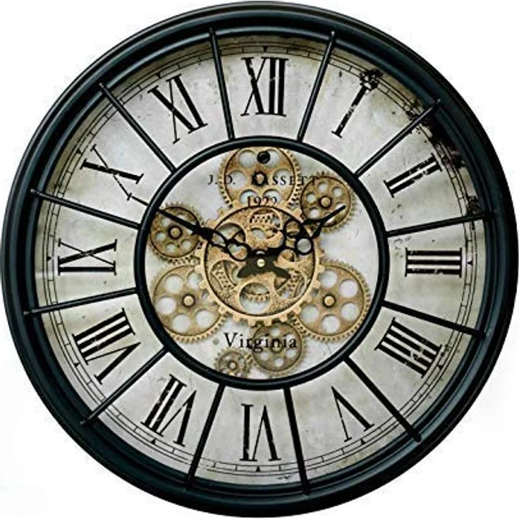 K&L Wall Art Alenio Große Vintage Metall Glas Wanduhr in XXL mit bewegenden Zahnrädern Römische Ziffern Zahnrad Wanduhr Wohnzimmer Wand Uhr Deko Schwarz Gold Ø46 cm Gross – Bild 2