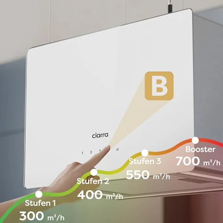 CIARRA CBCS4850 A+++ Inselhaube, freihängend, 48cm, 700m³/h, Smart App Touch Steuerung, Edelstahl, Weiß, mit Aktivkohlefilter – Bild 4