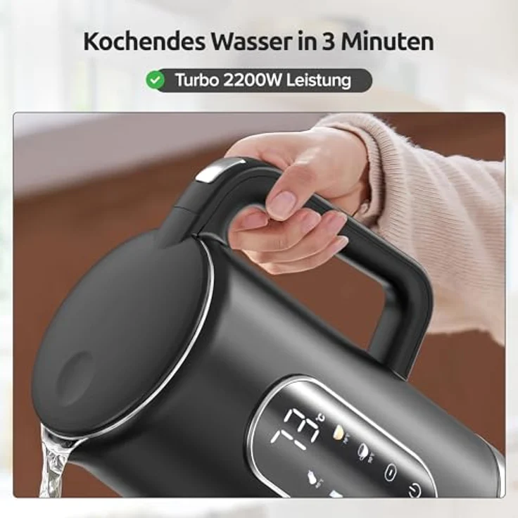 Olvy Wasserkocher mit Temperatureinstellung 1,7L – Edelstahl, LCD-Display, 2200W, BPA-frei, Warmhaltefunktion, Temperaturwahl 40–100°, Kalkfilter, cool touch – Bild 2
