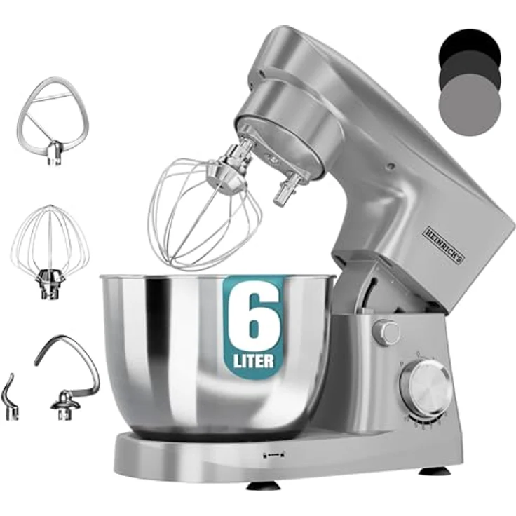 Heinrich´s HKM 8077 Küchenmaschine, Knetmaschine mit 1500W, 10 Geschwindigkeitsstufen, 6L Edelstahlschüssel, geräuscharm, silber – Bild 1