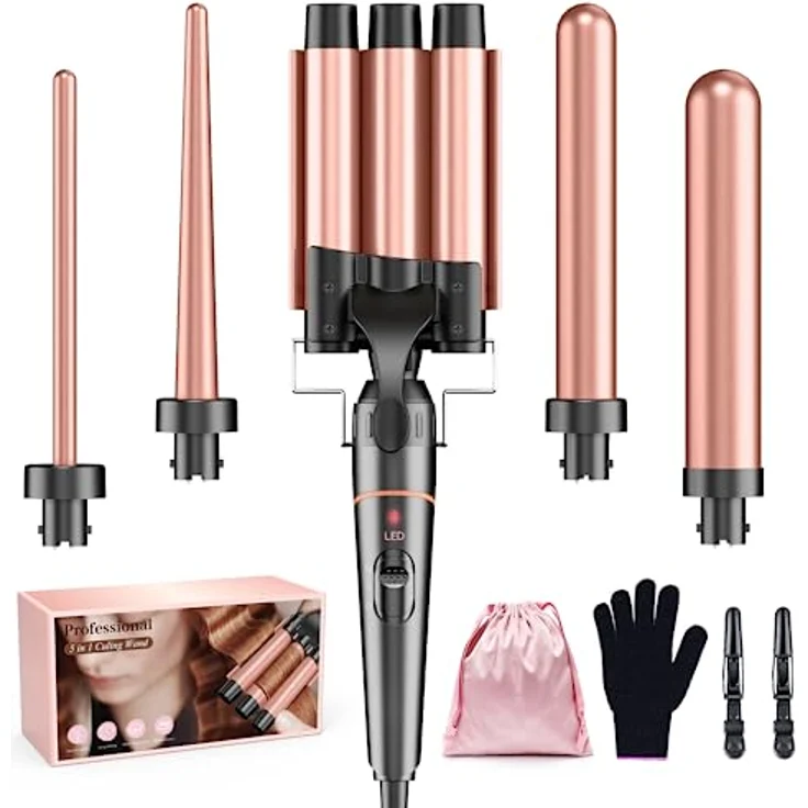 Lockenstäbe 3 Fässer für Große-BESTOPE PRO Lockenstab set 5 in 1 Locken mit einstellbarer Temperatur Keramik Lockenwickler mit Verschiedenen Aufsätzen Schnelle Heizung, Handschuh, 2 Clips – Bild 1