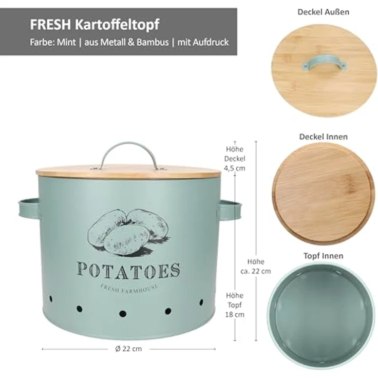 MamboCat Kartoffeltopf Fresh, Metall-Dose mit Bambusdeckel in Mint, 6,5 Liter Fassungsvermögen, Belüftungslöcher für optimale Luftzirkulation – Bild 6