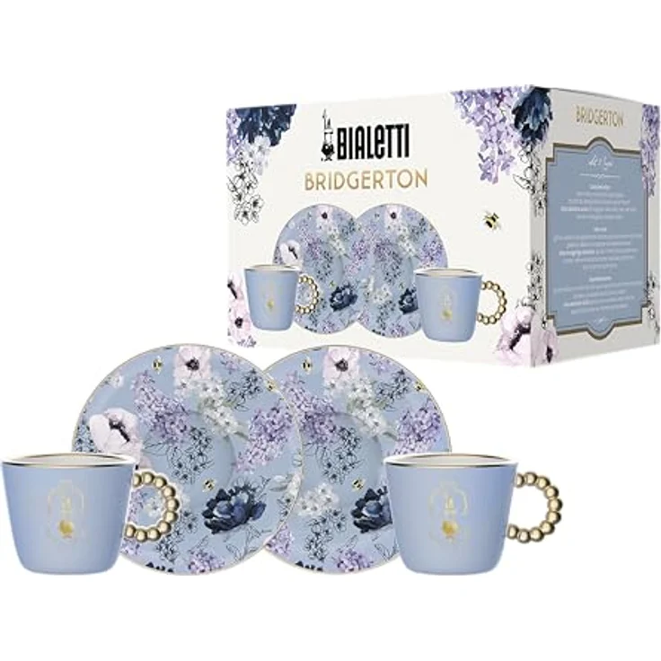 Lindy Kochbesteck-Set Bridgerton, Espressotassenset mit goldenen Akzenten und Blumenmustern, 2 Tassen und Untertassen aus hochwertigem Porzellan, 90 ml Fassungsvermögen – Bild 1
