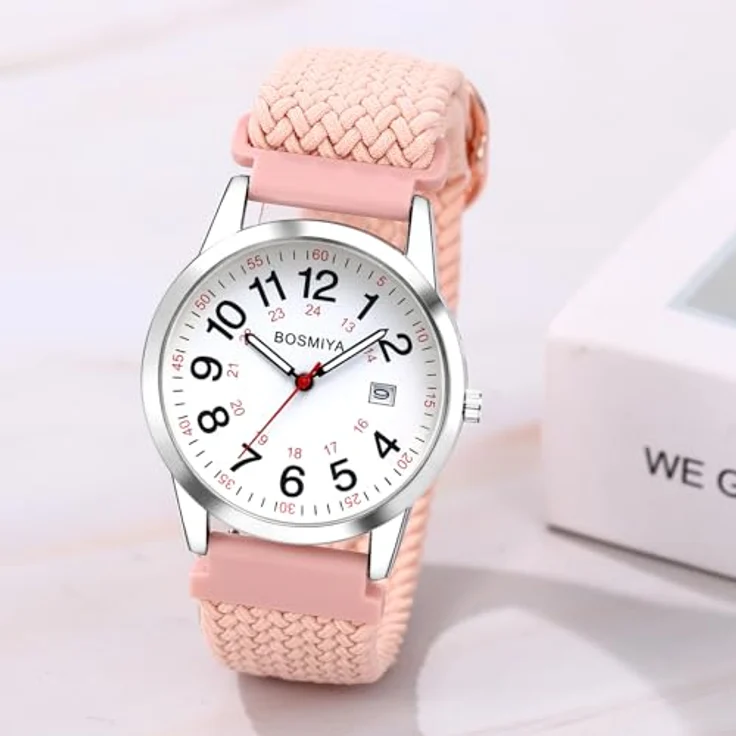 JewelryWe Geflochtene Elastische Damenuhr/Herrenuhr, Analog Quarz mit Kalender, Rosa Gewebtes Stretcharmband, Große Ziffern und Datumsanzeige, 12/24 Stunden – Bild 2