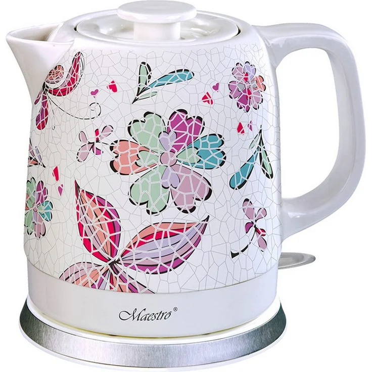 Feel Maestro MR068 Wasserkocher, elektrischer Keramikkessel 1,5L mit rotem Blumendesign, 1500 W