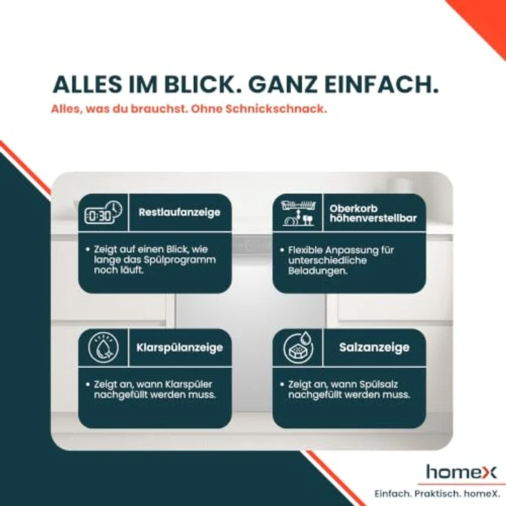 homeX GSBU6012AE Geschirrspüler 60 cm Unterbau, 12 Maßgedecke, 6 Programme, AquaStop, schwarz – Bild 9