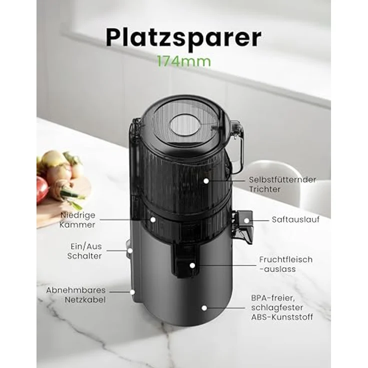 Hurom H70FT, Slow Juicer mit 1.8L Kapazität, automatischer Entsaftungsfunktion, BPA-frei, 150W, titangrau, 15 Jahre Garantie – Bild 7