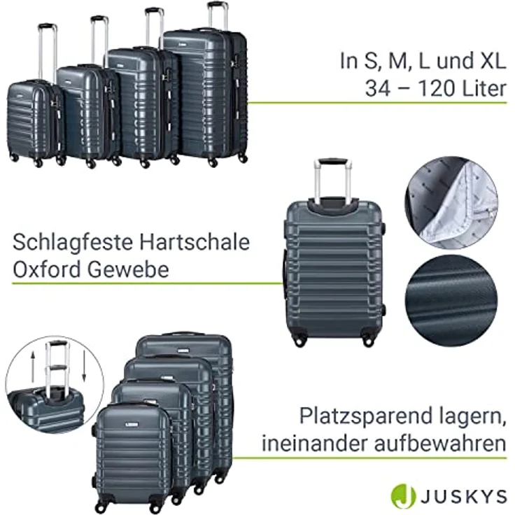 Juskys Hartschale Kofferset Reisekoffer 4 teilig - Zahlenschloss, geräuscharme 360° Rollen groß, Teleskopgriff, leicht - Koffer in Anthrazit – Bild 4