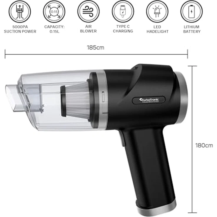 TurboTronic By Z-LINE Akku Staubsauger 5KPA Handstaubsauger mit 47k RPM Gebläse kabellos 0,15 L beutellos Fugendüse für Auto Büro Haus (Schwarz) – Bild 2