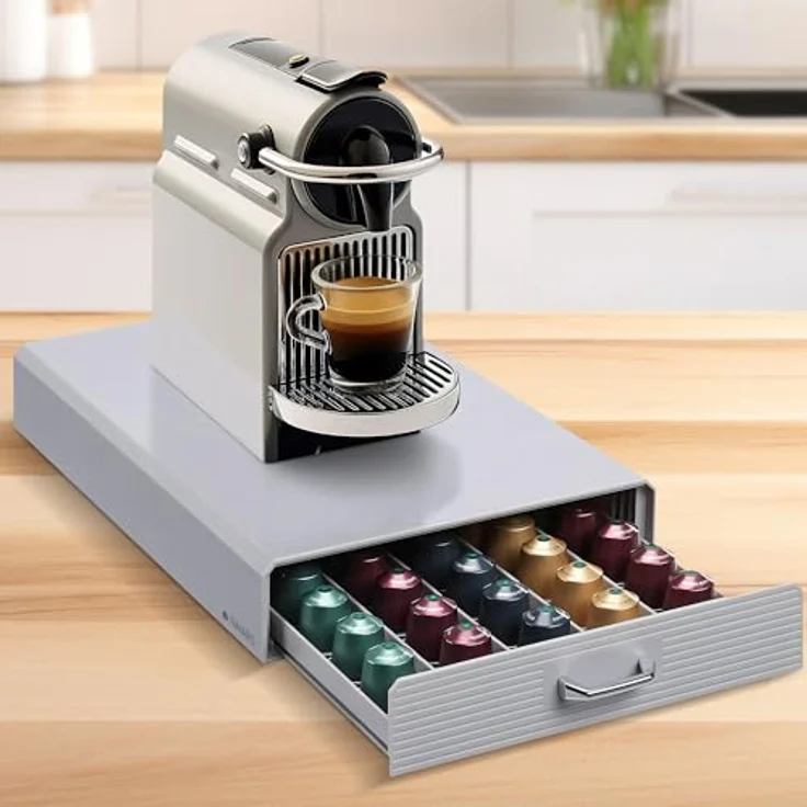 Navaris Kapselhalter kompatibel mit Nespresso Kapseln - Aufbewahrung für 50 Kaffeekapseln - Grau, mit edlen Metallgriffen – Bild 1