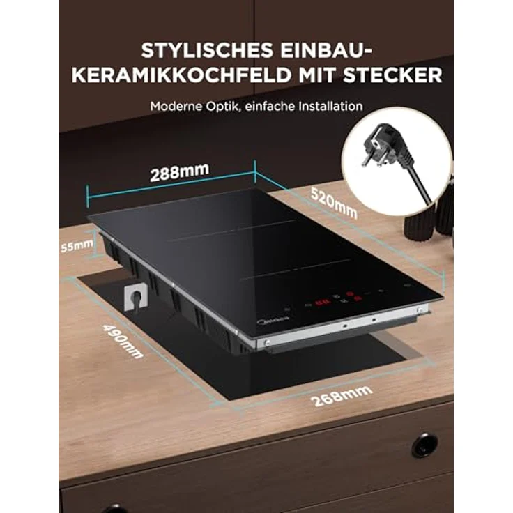MIDEA Glaskeramikkochfeld 2-Zonen mit Berührungssteuerung, 3000 W Leistung, Kindersicherung und automatischer Abschaltung – Bild 3