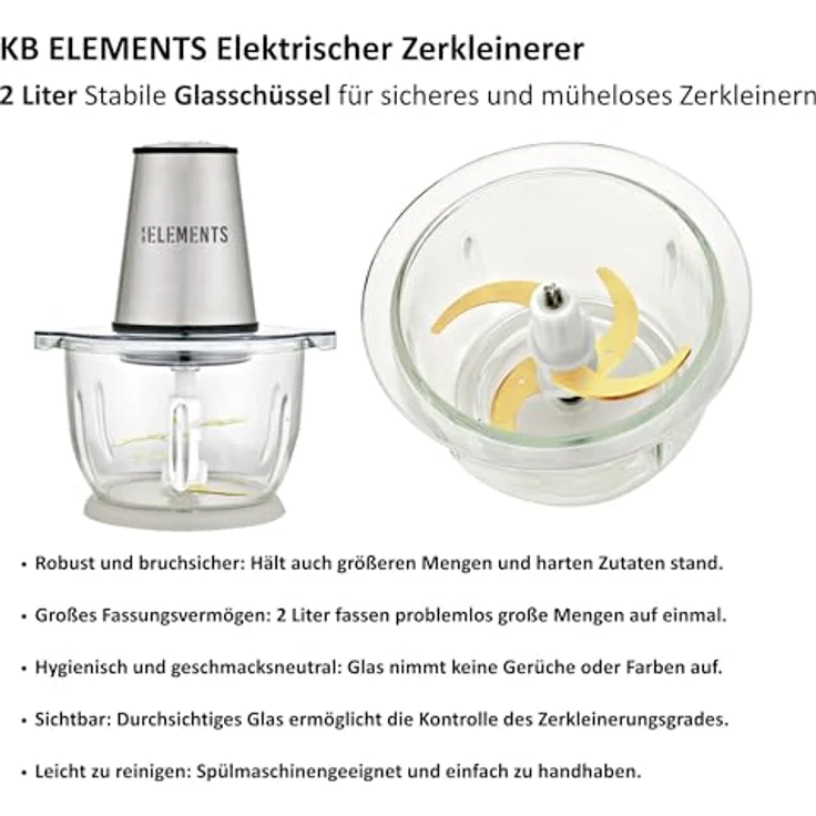 KB Elements Zerkleinerer ELK306FC, 300 W Vollkupfermotor, 2L Glasschüssel, Titan-Schneideklinge, rutschfeste Basis – Bild 3