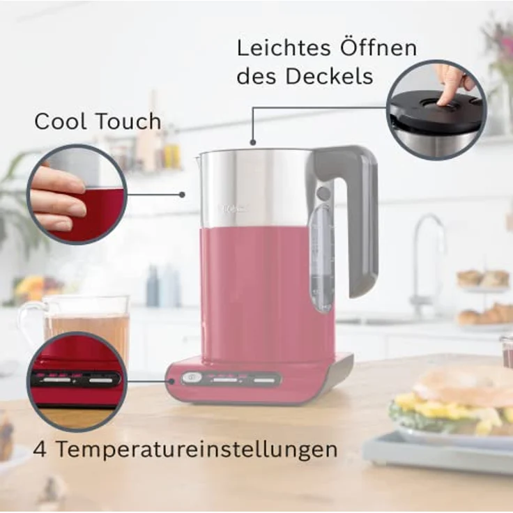 Bosch TWK8614P Styline Wasserkocher mit Filter, 2400 Watt, 1,5 l, Wasserstandsanzeige, Einhand-Deckelöffnung, Edelstahl, rot – Bild 2
