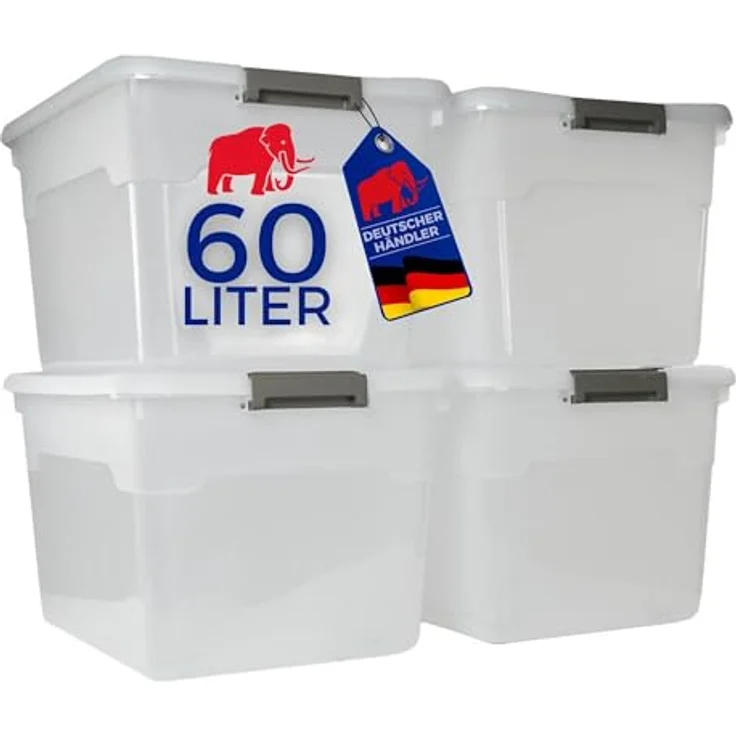 PROREGAL Aufbewahrungsbox mit Deckel 60L, 4er Set, Transparent, stapelbar, mit Rollen, Kunststoffbox mit Verschlussclips für Küche und Haushalt – Bild 1