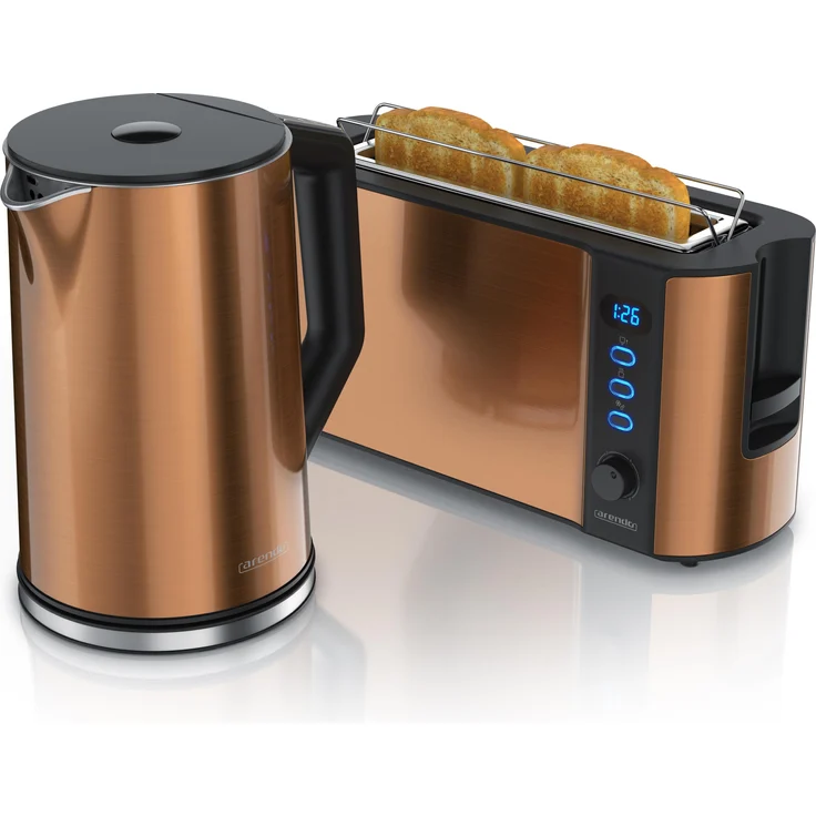 Arendo Frühstücks Set, Edelstahl Wasserkocher 1,5l Temperaturwahl & 2-Scheiben Langschlitz Toaster, Kupfer