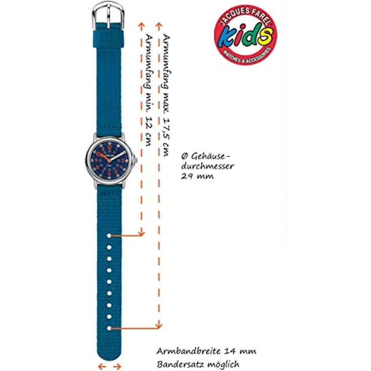 Jacques Farel Quarzuhr KCF 078, Kinderuhr mit Lernzifferblatt, Textilband blau – Bild 4