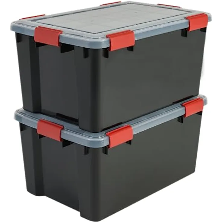 Iris Ohyama, 2er-Set luftdichte Aufbewahrungsboxen, 50 L, mit Clips, stapelbar, Garage, Keller, Dachboden - Air Tight Box AT-L - Schwarz