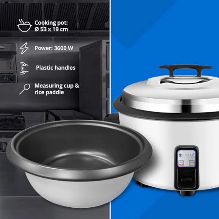 Royal Catering Reiskocher RCRK-38L, elektrischer Reiskocher mit 27 L für bis zu 70 Portionen, 3600 W, Weiß, mit Warmhaltefunktion – Bild 3