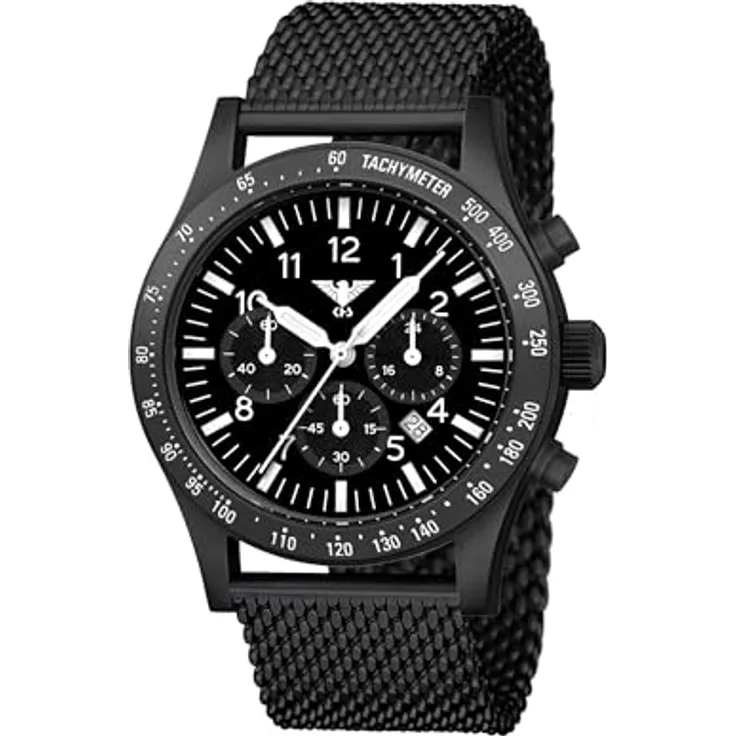 KHS Platoon Black Steel Solar Chronograph KHS.PLABSSC.MB mit Maschenband, 10 Bar wasserdicht, Solar-Quarzuhrwerk