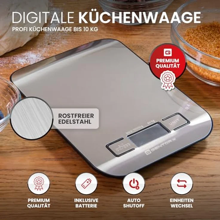 Digitale Küchenwaage 10kg – Hochpräzise Messung bis zu 1g, Tare-Funktion, Digital-Waage Briefwaage mit großem LCD Display aus Edelstahl-Oberfläche, Kochen Backen für die Küche oder Babynahrung Zubehör – Bild 5