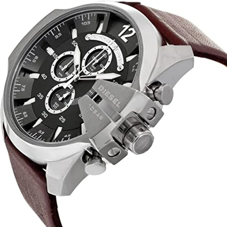Diesel Herrenuhr Mega Chief, Chronographenwerk, 59mm Silber / Stahl Edelstahlgehäuse mit einem Lederarmband, DZ4290 – Bild 4