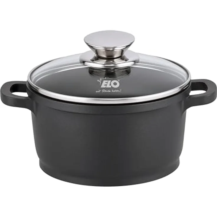 ELO Alucast Kochtopf 16 cm, Aluminiumguss mit Glasdeckel, PFAS-frei, antihaftbeschichtet, induktionsgeeignet, schwarz