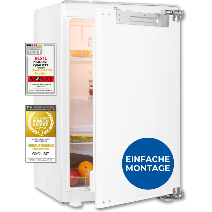 Exquisit EKS5131-V-FE-090E, Einbaukühlschrank ohne Gefrierfach, 135 Liter, 88 cm, 3 Ablagen, Schnellkühlen, Energieeffizienzklasse E