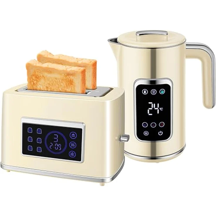 HOMCOM Toaster und Wasserkocher-Set, 1.7 L, 2200 W, 2-Schlitz-Toaster mit LED-Touchscreen, Cremeweiß – Bild 1