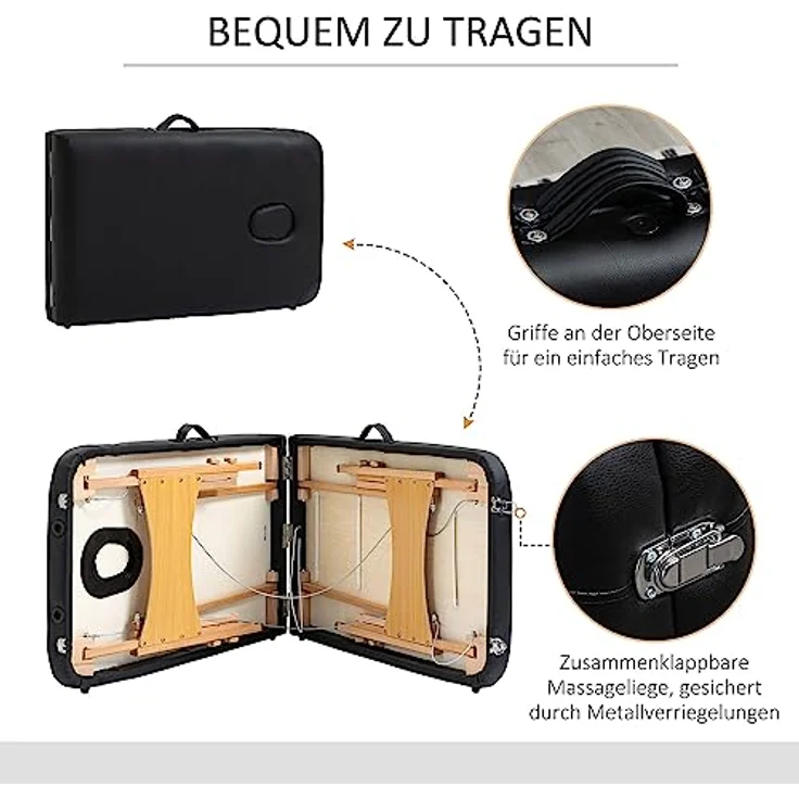 HOMCOM Klappbares Massagebett, Massageliege mit Kopfstütze, Kunstleder, verstellbare Höhe, belastbar bis 250 kg, Schwarz – Bild 7