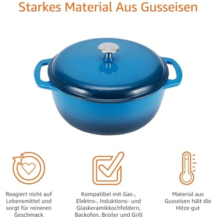 AmazonBasics Bräter Schmortopf aus emailliertem Gusseisen, 5,67 l, Blau – Bild 3