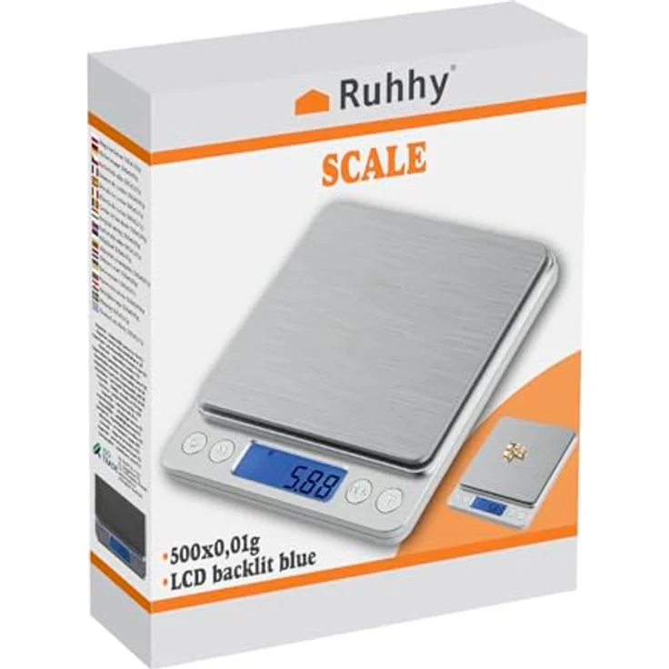 Ruhhy Küchenwaage Präzisionswaage 500 g / 0,01 g, Digitalwaage mit blau hinterleuchtetem LCD, 4-tlg. Set – Bild 5