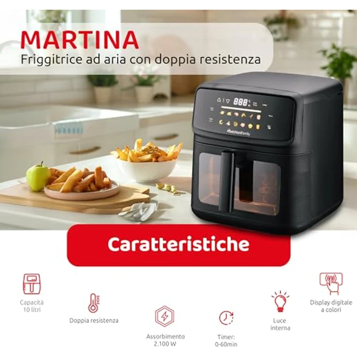 Melchioni Family Heißluftfritteuse Martina, 10 l, 2100 W, 12 Programme, digitales LED-Display, schwarz – Bild 2