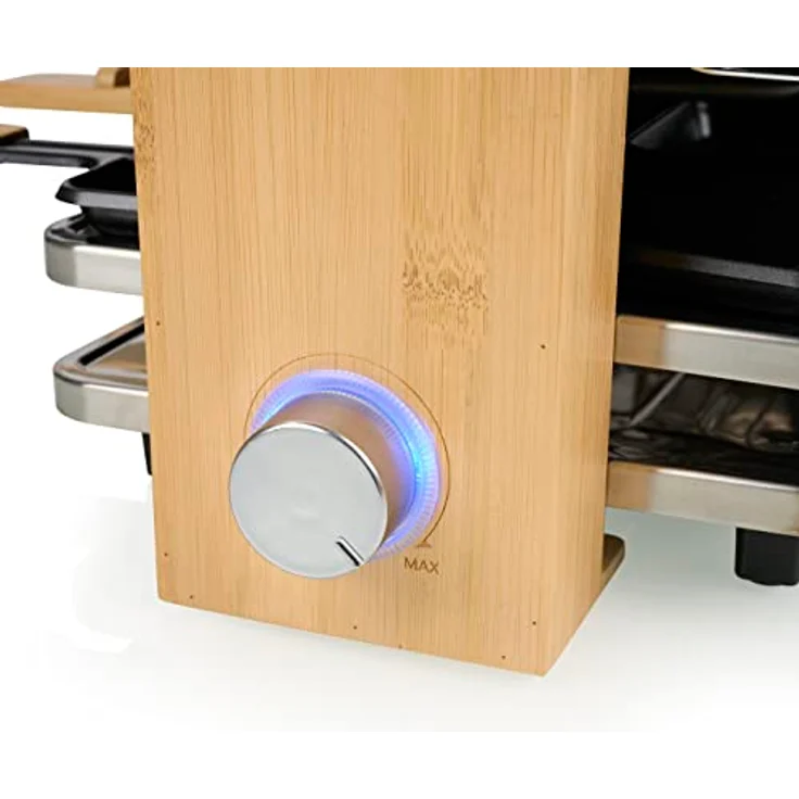 Princess Raclette Pure 8 – Personen 2 wendbare Grillplatten Kochfläche x 21 cm x 23 Parkdeck Thermostat verstellbar natürliches Bambusgehäuse inkl. Pfännchen 1300 W, 01.162918.01.001, Schwarz, Bambus – Bild 2