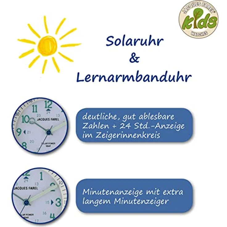 Jacques Farel Solaruhr ORSO 3105, Kinderarmbanduhr mit 31 mm Gehäuse, allergikerfreundlichem Reinaluminium und mineralisch vergütetem Glas, nachhaltiges Geschenk für Kinder – Bild 2