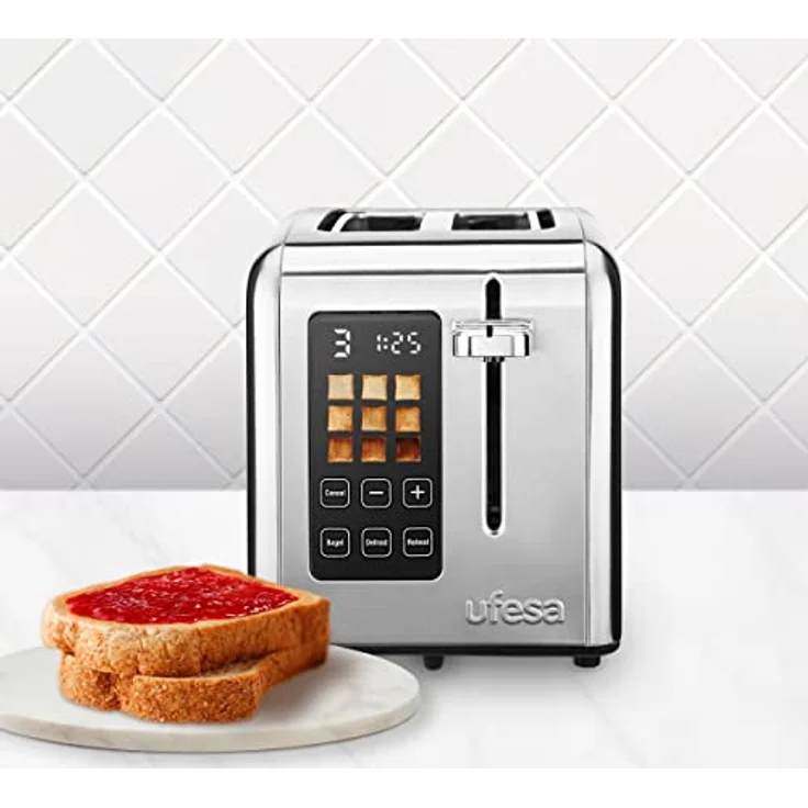 Ufesa Digital Future Toaster Edelstahl mit 2 Scheiben, 950W Leistung, 9 Bräunungsgrad für Brot und Bagel, Touchscreen, Auftaufunktion – Bild 3