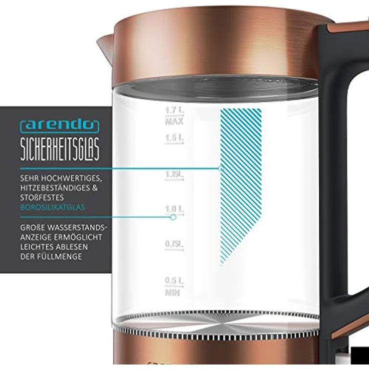 Arendo Glas Wasserkocher Edelstahl 2200 W 1,7 L Kupfer – Bild 5