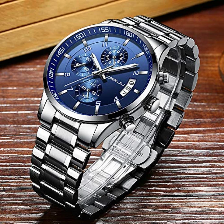 CRRJU Herren Chronograph Armbanduhr, wasserdichte Edelstahl Quarzuhr mit Kalender, Silber Blau – Bild 4