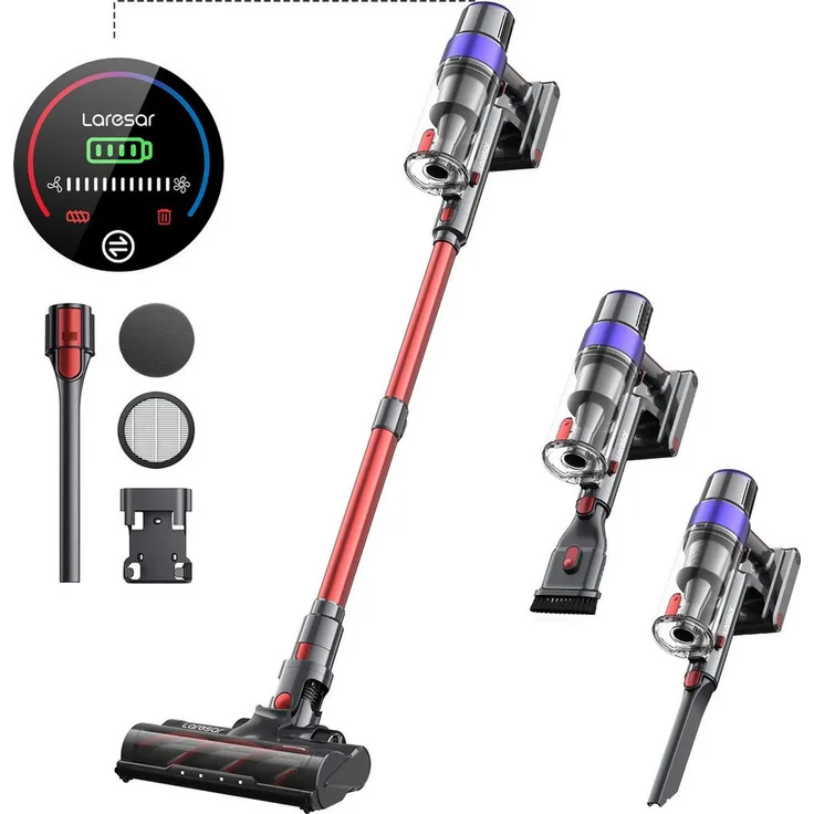 Laresar V8 Stielstaubsauger 500W, Akku-Handstaubsauger mit 60 Minuten Laufzeit, 48.000 Pa Saugleistung, 99,9 % Feinstaubfiltration, Anti-Tangle Bürste
