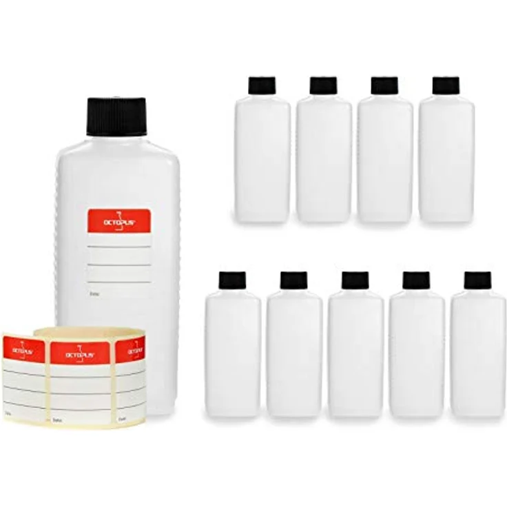 Octopus 10x 250 ml Octopus Kunststoffflaschen, HDPE Plastikflaschen mit schwarzen Schraubverschlüssen, inkl. Beschriftungsetiketten – Bild 1
