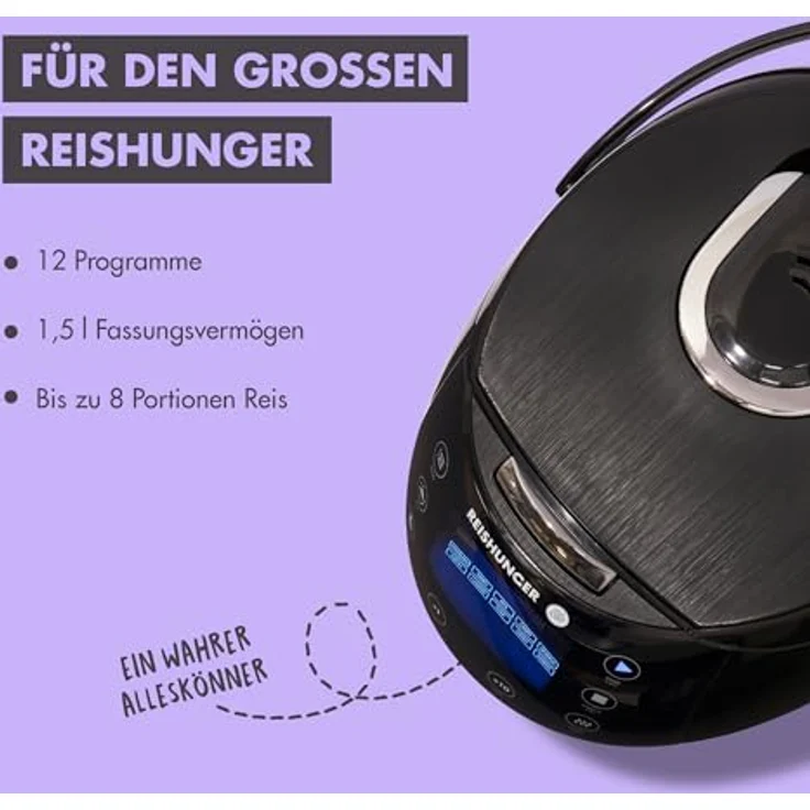 Reishunger Digitaler Reiskocher, 12 Programme, Warmhaltefunktion, schwarz – Bild 2