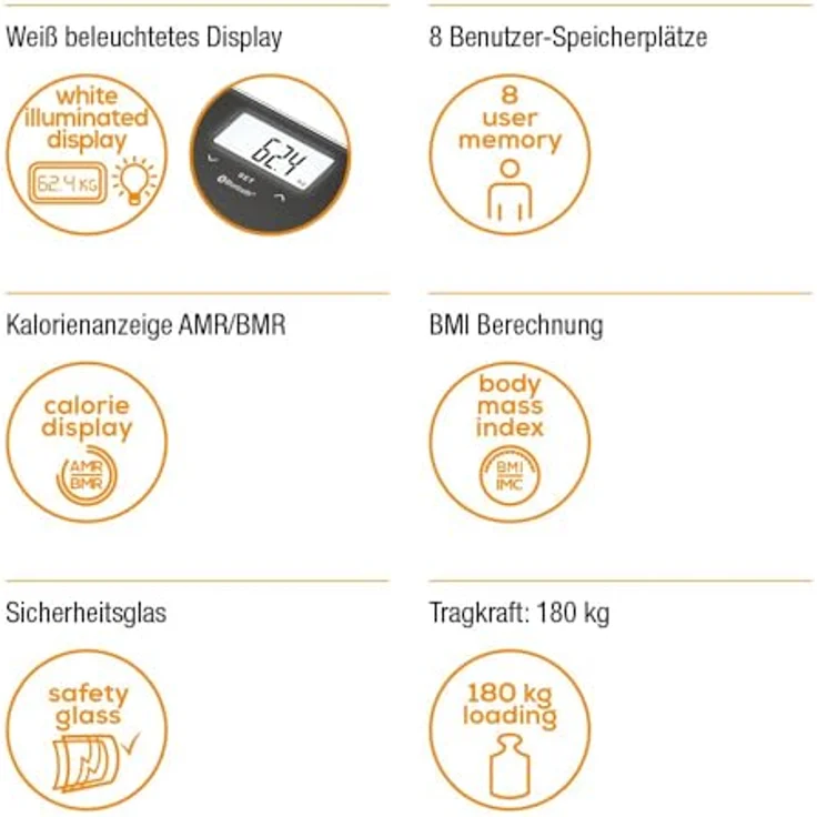 Beurer BF 600 Style Diagnosewaage, Messung von Körperfett, Körperwasser, Muskelanteil und Knochenmasse, Kalorienbedarf AMR, BMR, BMI, mit App, zertifizierter Datenschutz – Bild 2