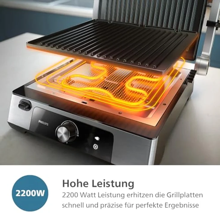Philips Kontaktgrill HD6301/90 - Einstellbare Temperatur 60°C-200°C, 180° aufklappbar, große Grillfläche und High Power-Leistung, abnehmbare Antihaft-Platten und Fettauffangschale – Bild 4