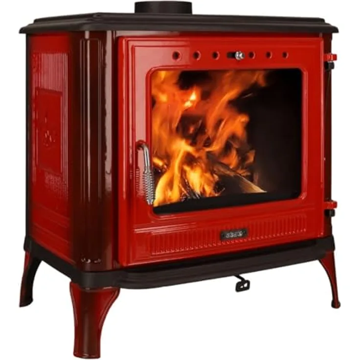 365® Kaminofen Ferrox 75, rot emailliert, 10,5 kW Nennwärmeleistung, Gusseisen, Scheibenspülung, Aschekasten