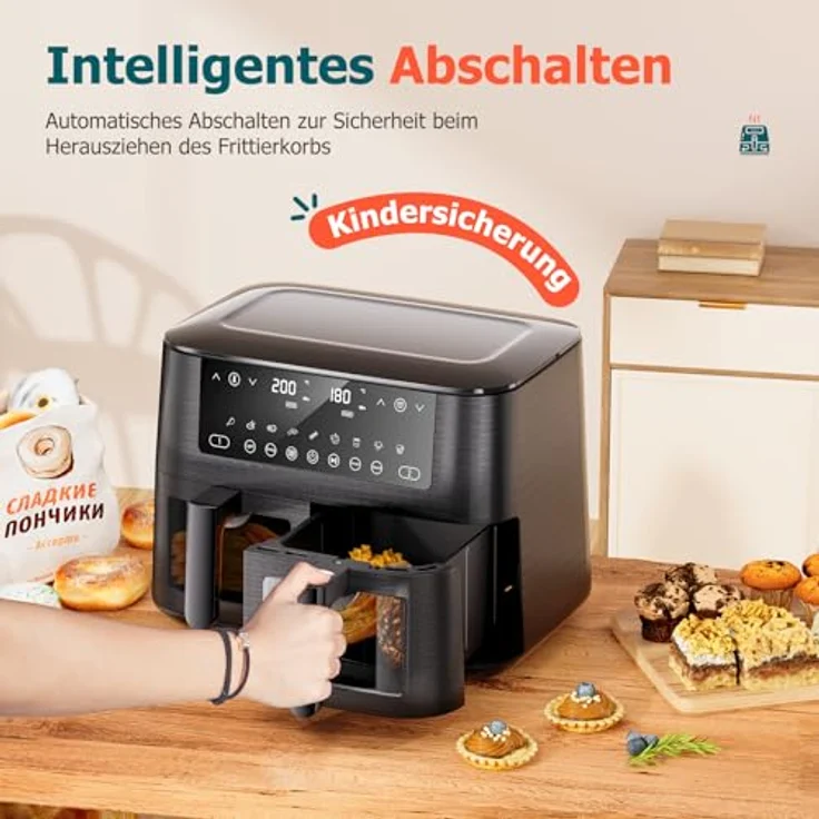 cookwise Heißluftfritteuse 2 Kammern, 9L Airfryer mit Touchscreen, spülmaschinenfesten Antihaftkörben, fettarm und 9-in-1 Funktion, mit Sichtfenster – Bild 5