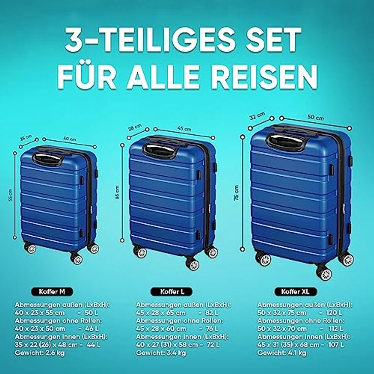 VESKA 3tlg. Hartschalenkofferset Hard Shell Reisekoffer Kofferset Trolley Koffer Hartschalenkoffer Reisekofferset Rollkoffer TSA Zahlenschloss 4 Rollen ABS-Hartschale M-L-XL (schwarz) – Bild 5