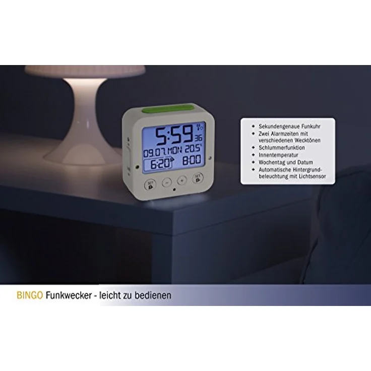 TFA Dostmann Funkwecker Bingo TFA 60.2528 digitaler Reisewecker, mit Funkuhr, 2 Weckalarmen und automatischer Hintergrundbeleuchtung, schwarz – Bild 10