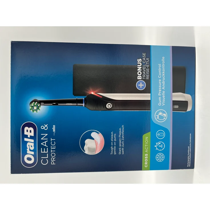 Braun Oral-B elektrische Zahnbürste Clean & Protect Cross Action Black Edition mit Reise-Etui, visuelle Andruckkontrolle und 2 Wochen Akkulaufzeit