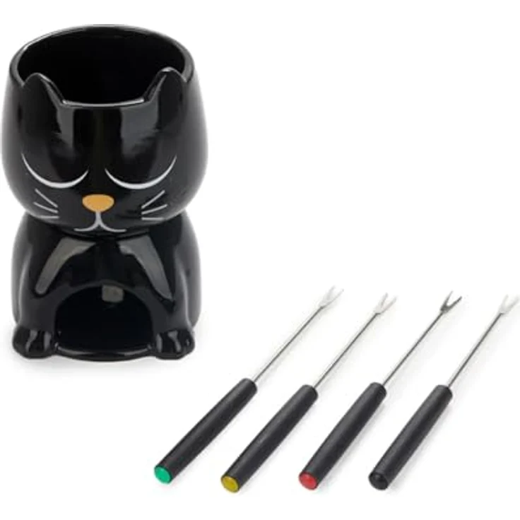 Balvi Schokoladenfondue-Set WAKE CAT, Fondue Set in Schwarz mit originellem Katzendesign, inklusive 4 Gabeln und Teelicht, Keramik, Maße: 10,5 x 10,5 x 16 cm – Bild 9